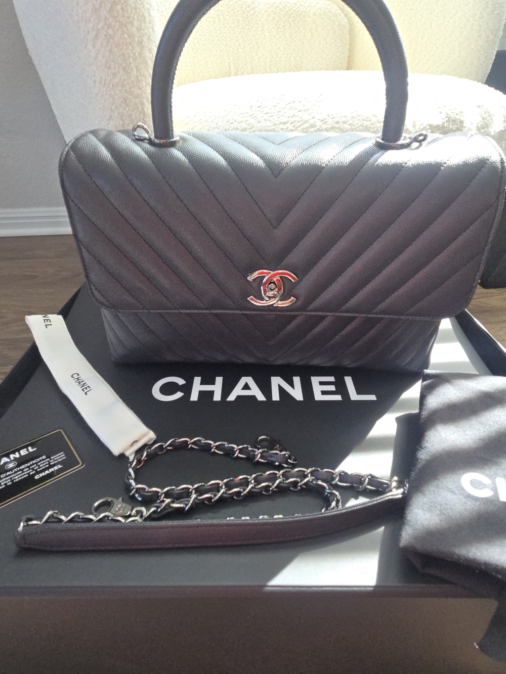 CHANEL Coco Handle Chevron Caviar Bag – Grayish Black